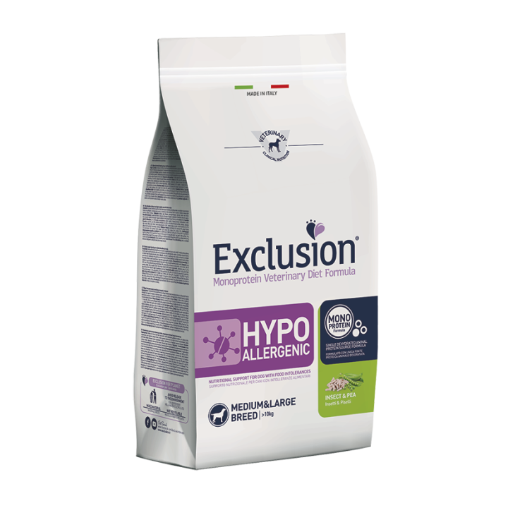 EXCLUSION HYPOALLERGENIC MEDIUM&LARGE ADULT CON INSETTI  E PISELLI 12 KG.