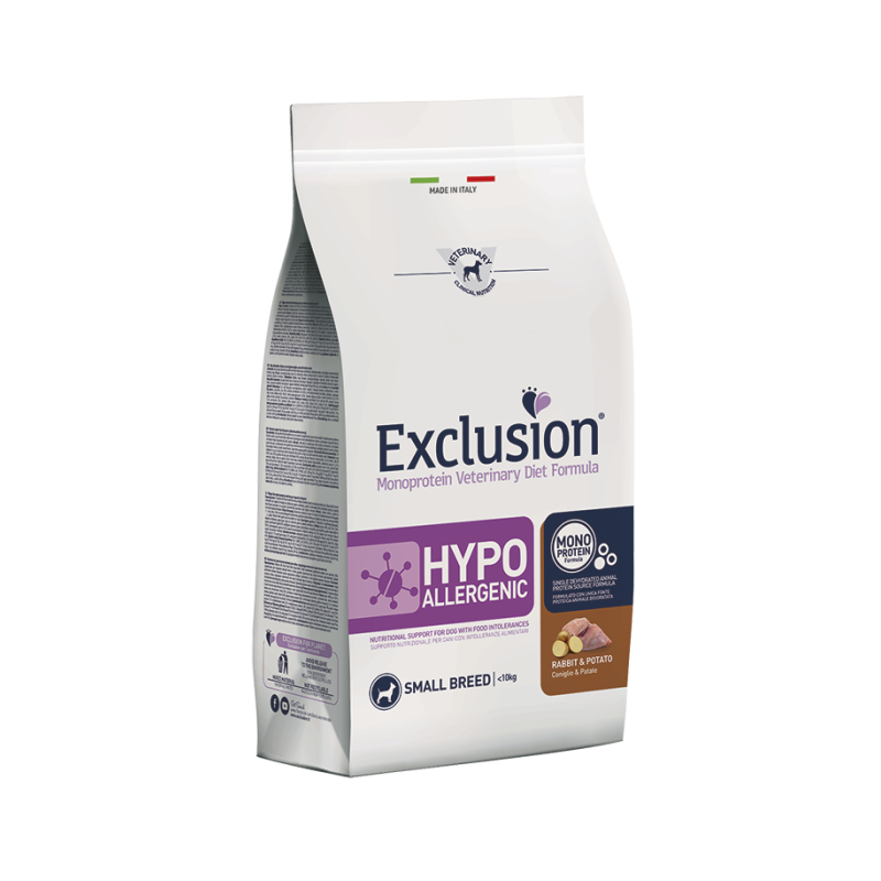 EXCLUSION HYPOALLERGENIC SMALL ADULT  CON CONIGLIO E PATATE 2 KG.