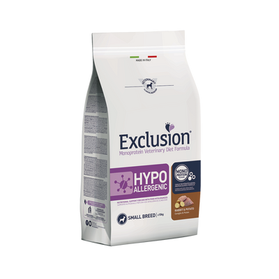 EXCLUSION HYPOALLERGENIC SMALL ADULT  CON CONIGLIO E PATATE 2 KG.