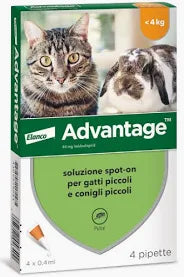 ADVANTAGE SPOT-ON ANTIPULCI PER GATTI PICCOLI E CONIGLI PICCOLI DI PESO INFERIORE A 4 KG CONF. 4 PIPETTE  DA 0,4 ML  32,00.