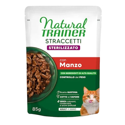 NATURAL TRAINER CAT STRACCETTI STERILIZZATO CON MANZO  85 GR