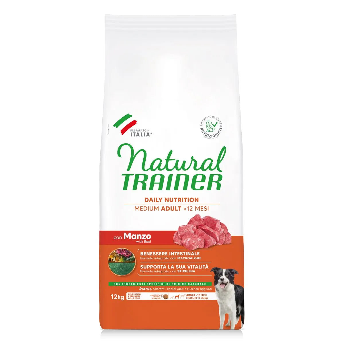 NATURAL TRAINER MEDIUM ADULT CON MANZO E RISO. 12 KG.