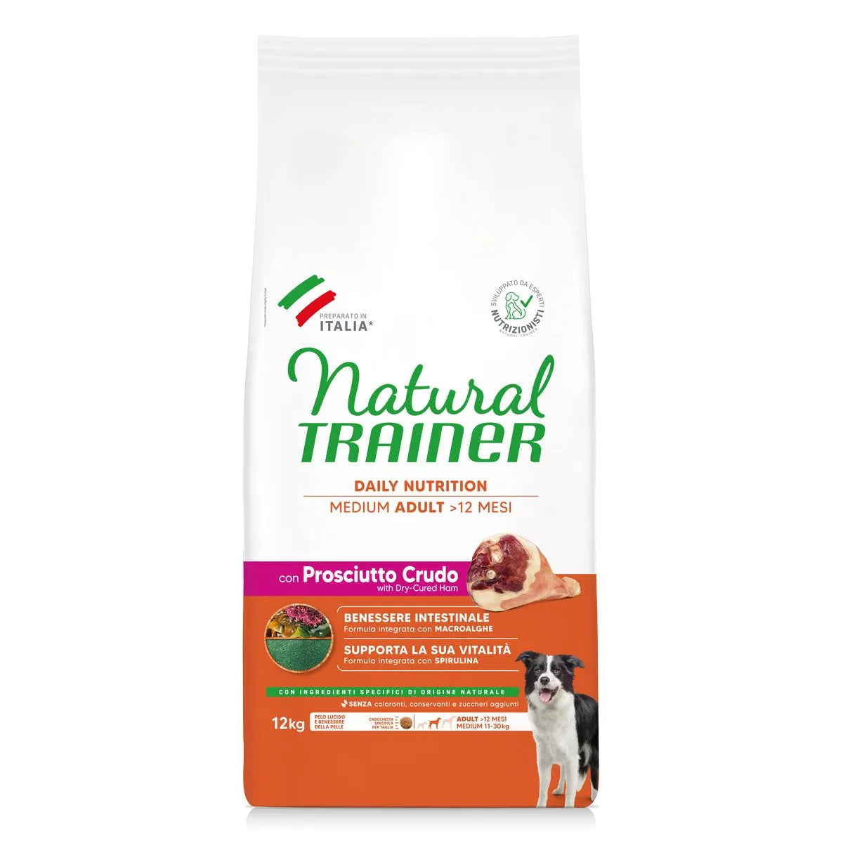 NATURAL TRAINER ADULT CON PROSCIUTTO  CRUDO E RISO 12 KG.