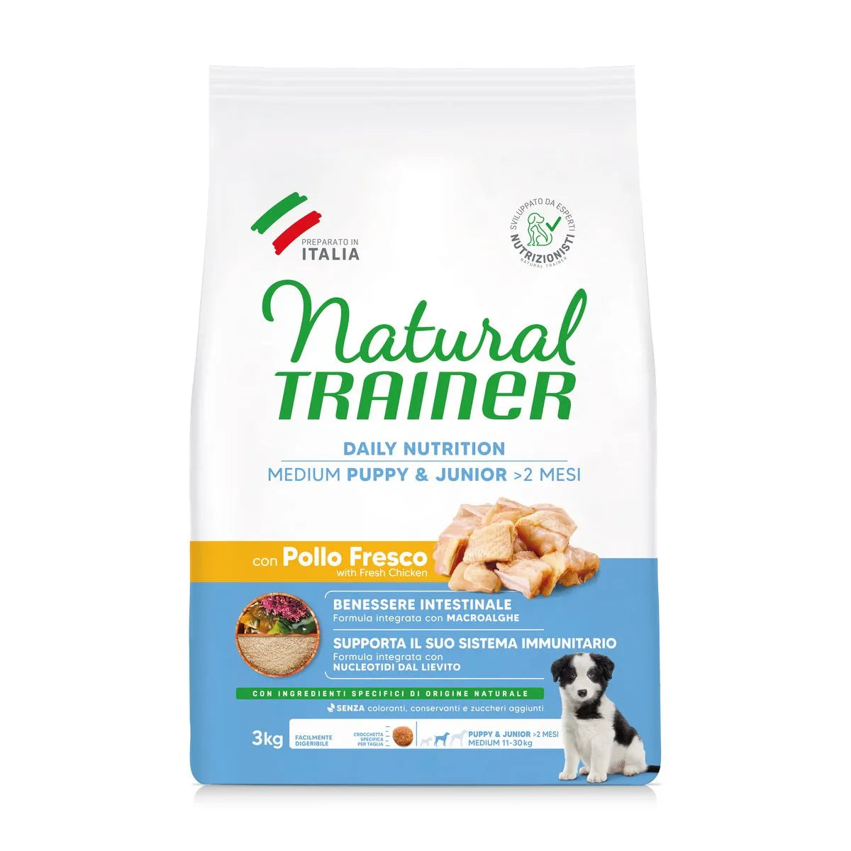 NATURAL TRAINER PUPPY&JUNIOR MEDIUM  CON POLLO E RISO 3 KG.