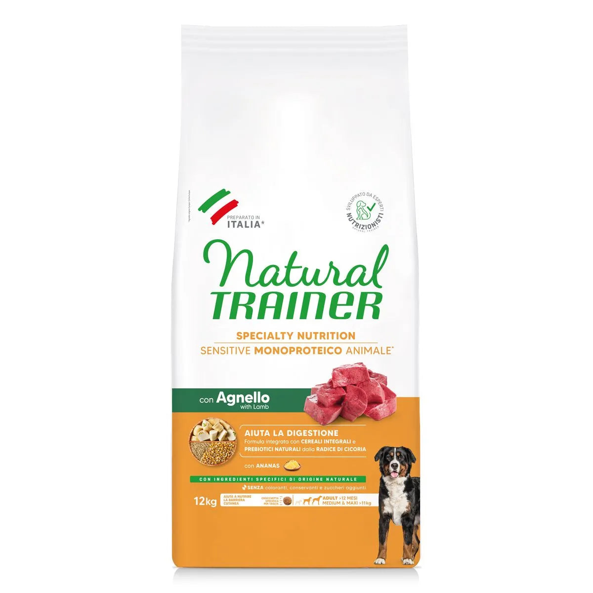 NATURAL TRAINER MEDIUM MAX CON  AGNELLO E CEREALI INTEGRALI 12 KG.
