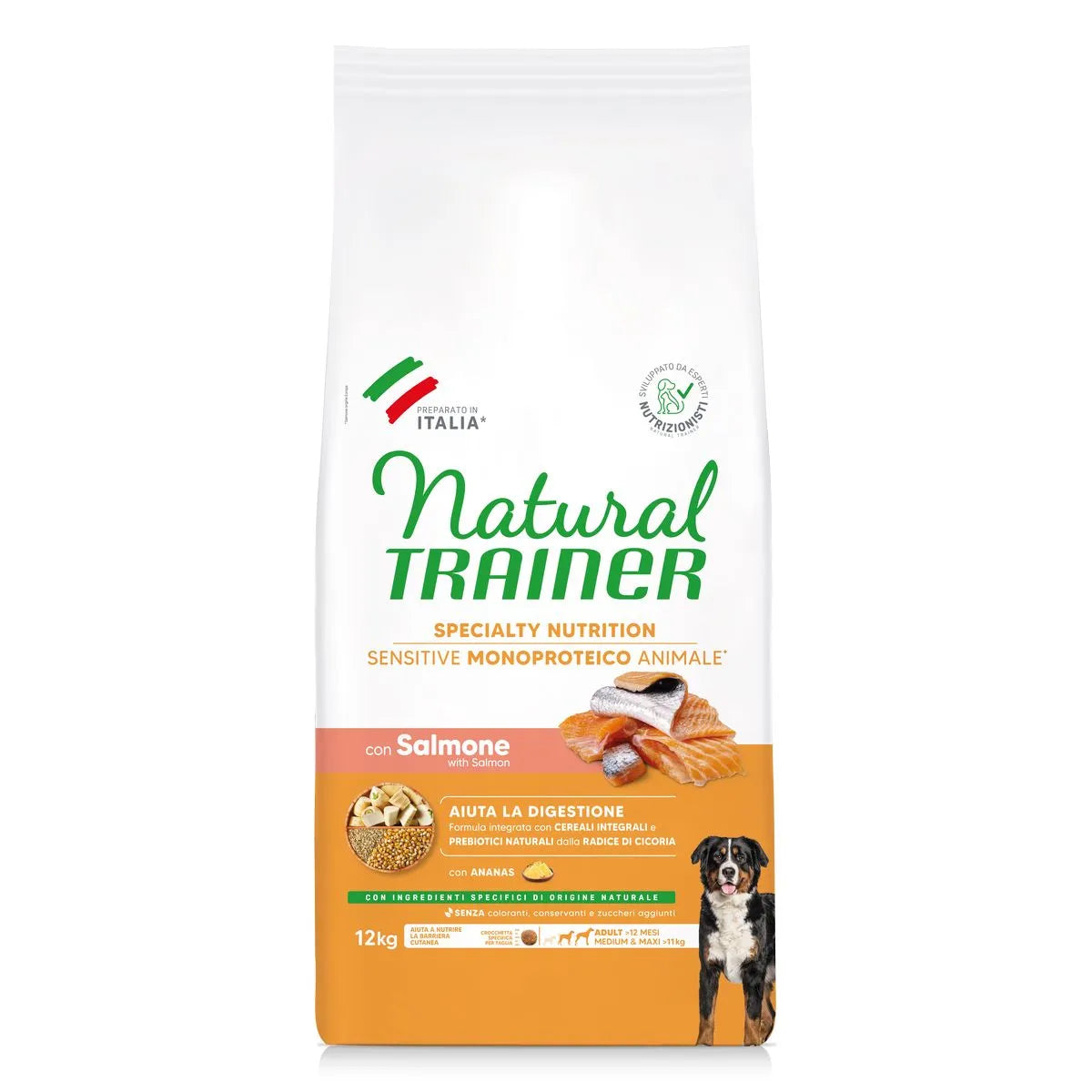 NATURAL TRAINER MEDIUM ADULT CON SALMONE E CEREALI INTEGRALI 12 KG.