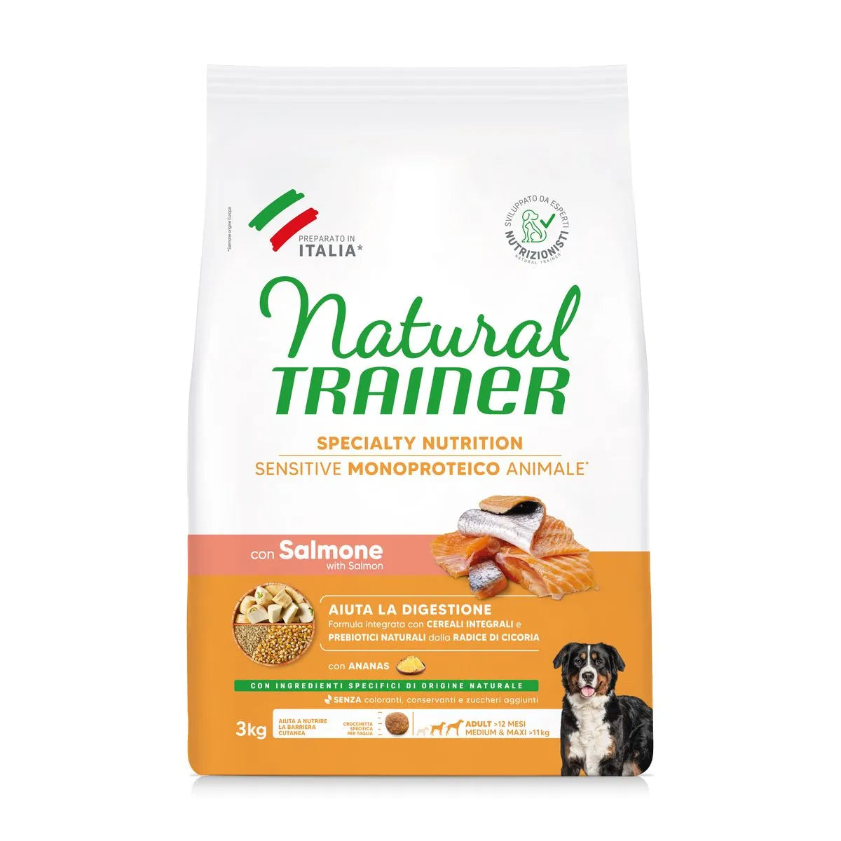 NATURAL TRAINER MEDIUM ADULT CON SALMONE E CEREALI INTEGRALI 3 KG.