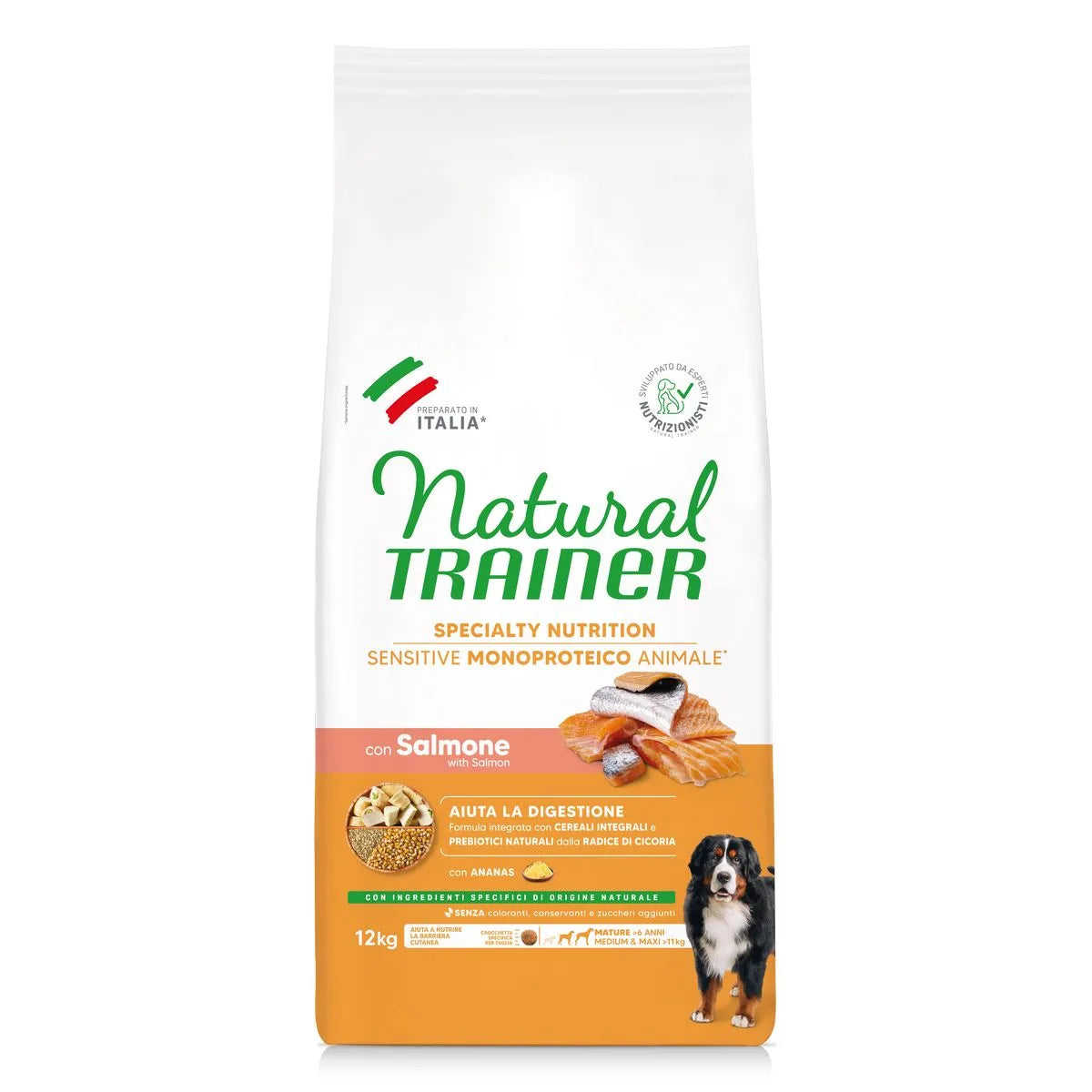 NATURAL TRAINER NO GLUT  MEDIUM MAX MATURE CON SALMONE E CEREALI INTEGRALI 12 KG.