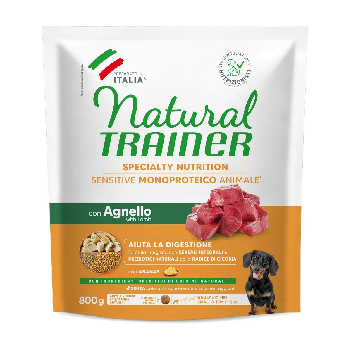 NATURAL TRAINERN GLUT AD MINI ADULT  CON AGNELLO E CEREALI INTEGRALI 800 GR.