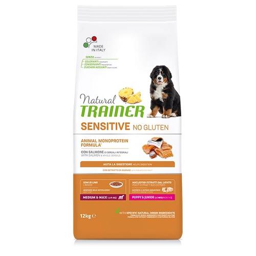 NATURAL TRAINER MEDIUM MAX PUPPY CON SALMONE E CEREALI INTEGRALI  12 KG.