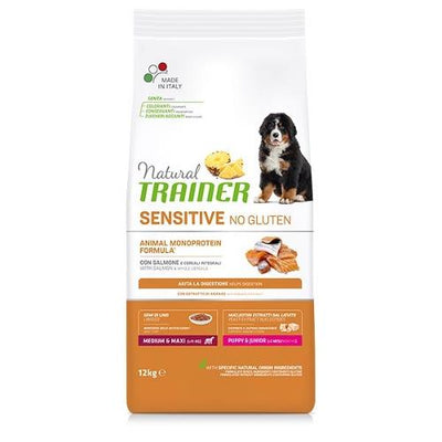 NATURAL TRAINER MEDIUM MAX PUPPY CON SALMONE E CEREALI INTEGRALI  12 KG.